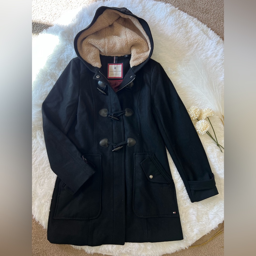 EUC Tommy Hilfiger Black Wool Hooded Coat with Toggle Buttons